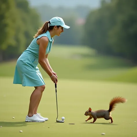 A woman in a pastel blue golf outfit, lining up a perfect putt, but a mischievous squirrel runs across the green, distracting he...