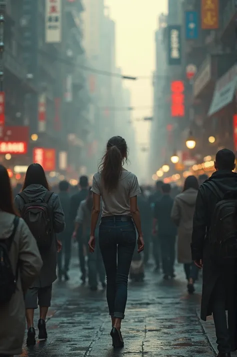 Woman walking with her back facing alone in crowds 