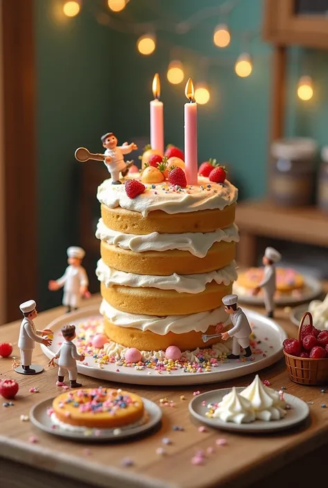 Relive a magical scene where tiny, lifelike miniature bakers create an elaborate birthday cake on a giant table. No bigger than ...