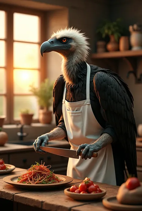 "A vulture dressed in a chef's apron, holding a sharp knife while preparing an exotic dish in a rustic kitchen at sunset."