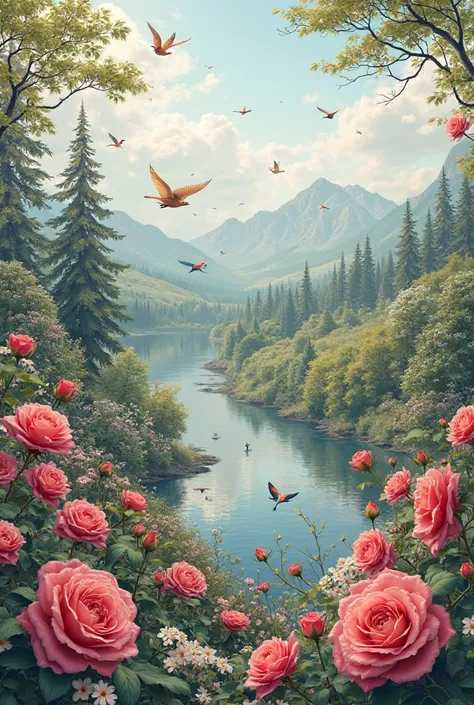 KARELIA WITH A BACKGROUND OF ROSES AND BEAUTIFUL BIRDS