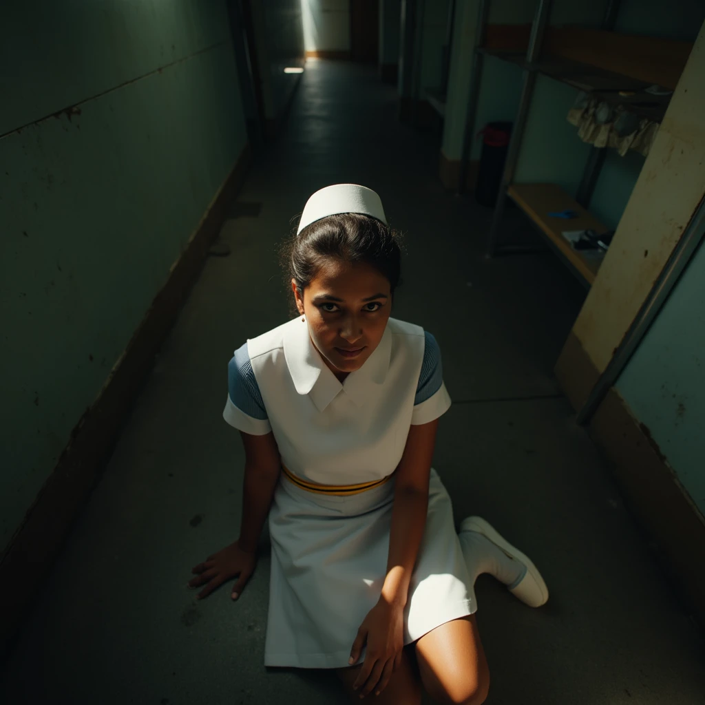 photo of a Sri Lankan 25 years old nurse2, Sri Lankan woman face, wearing nurse cap, nurse uniform, white above knee skirt, whit...