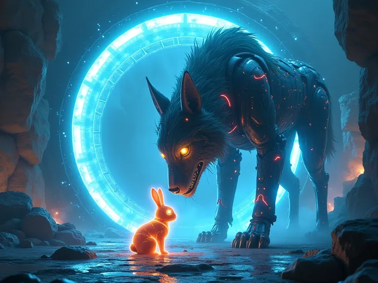 "A colossal AI guardian—a majestic wolf-like being made of swirling energy and metal plates—emerges from the crystalline gate. I...
