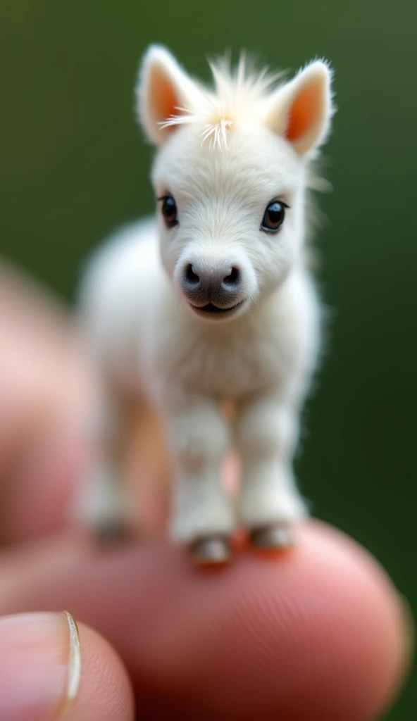 A tiny white pony, about the size of a human finger, is shown in extreme close-up while standing on a
human finger. The animal's...