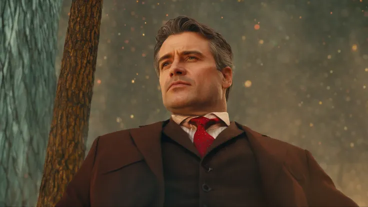 cinematic, ultra realistic, realism, bokeh, a man in a brown suit and red tie