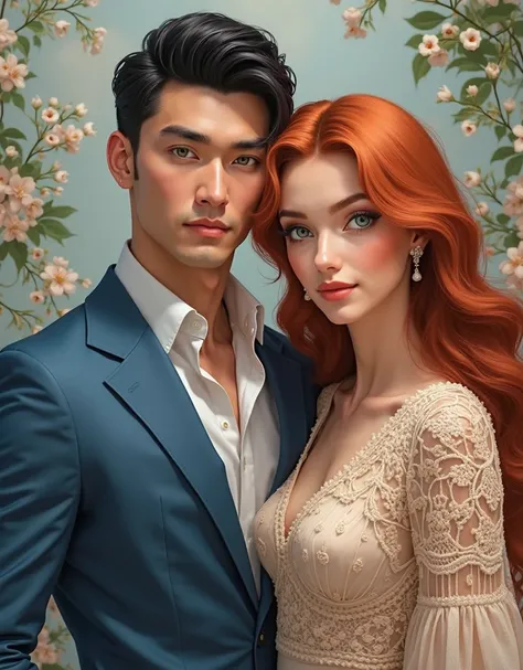   handsome brown man , high, strong, with short black hair and green eyes ,  wearing a blue suit and white shirt without a tie n...