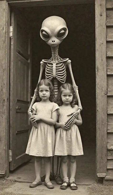The image depicts a vintage-style black-and-white or sepia-toned photograph of two young girls standing in front of a rustic woo...