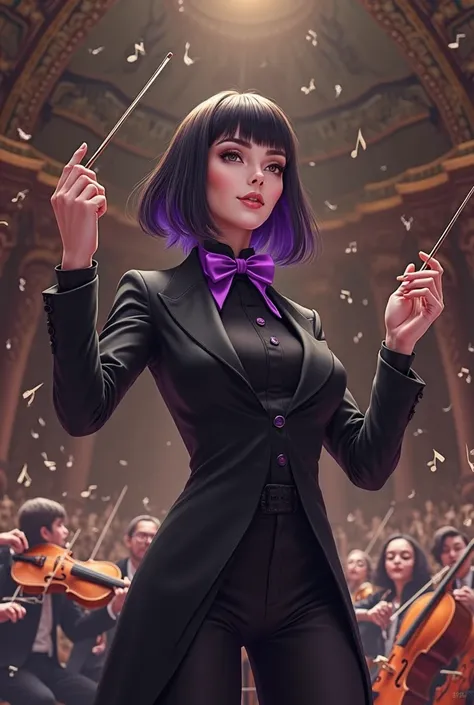 black tuxedo with black shirt, purple bow tie, Maestro female conductor, black and purple hair, baton, musical notes