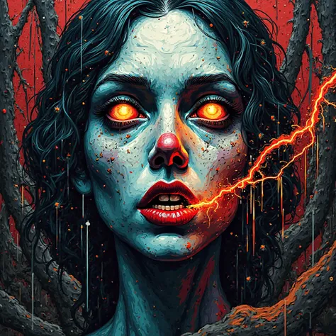 A woman's face in cubist art NFT colorful 3d woodcut witch nose zombie evil wrecker haunted scenery shooting lightning through t...