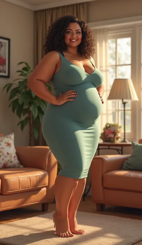 Chubby woman standing in the living room, big breasts 