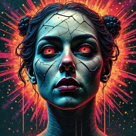 A woman's face in cubist art NFT colorful 3d woodcut mummy evil pointy nose wrecker haunted scenery rays with flashy rain panda'...