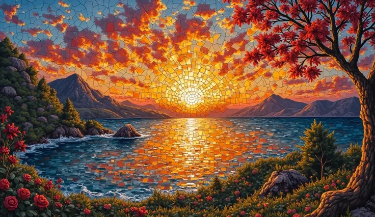 Oil painting renaissance art style frame; wide scale; "A mosaic of broken glass pieces forming a beautiful image of a sunrise. T...