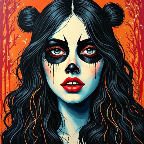 A woman's face in cubist art NFT 3D woodcut colorful vampire evil nose destroyer haunted scenery lightning flashy rain eyes blac...