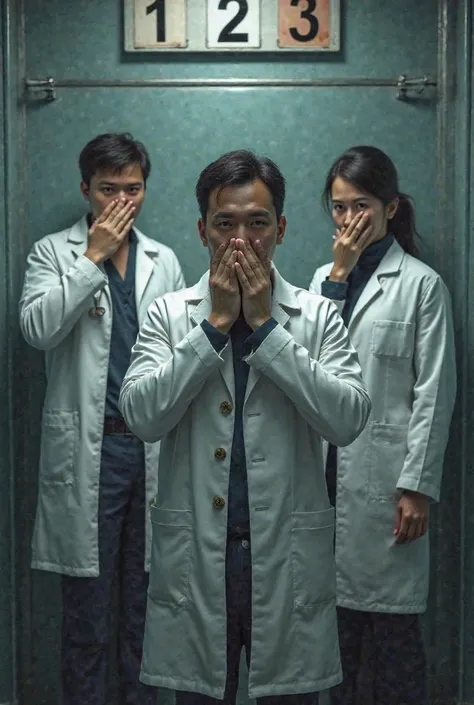 3 doctors come to the screen, one of them is in front, they are covering their mouths with their hands, LIKE TALKING IS FORBIDDE...