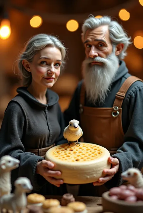 A mesmerizing An older couple, likely in their 60s, are centrally positioned in a rustic, market-style scene.  The woman, with l...