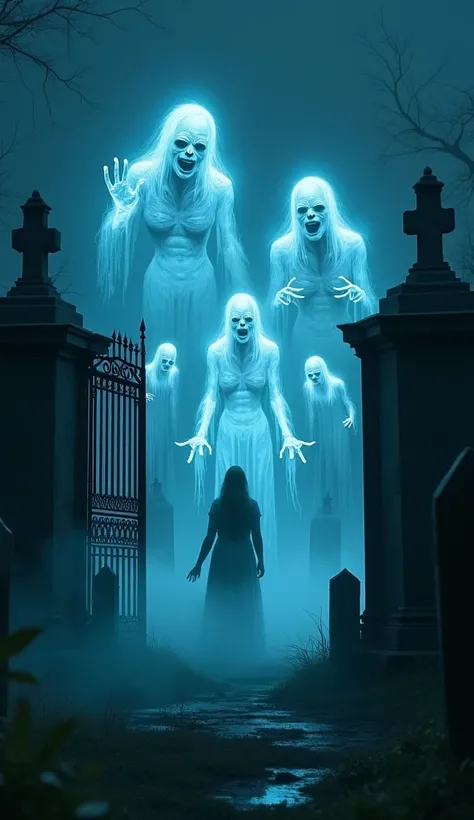  A supernatural scene inside a cursed graveyard at midnight. Ethereal spirits, semi-transparent and shifting in shape, float abo...
