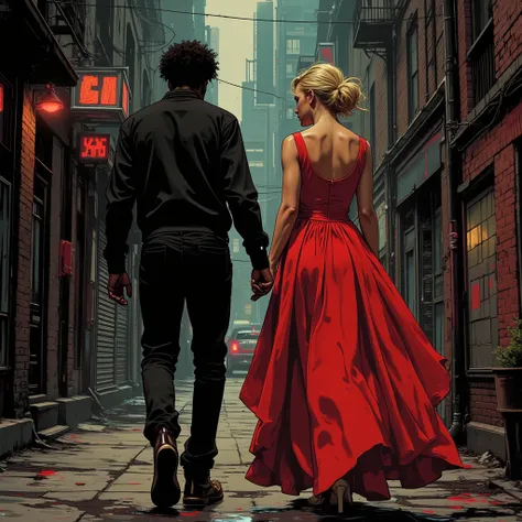 realistic image from behind of a black boy walking down the street with a blonde MILF with a big ass and elegant red dress very ...