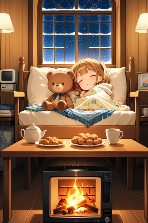 A warm wooden room on a snowy night, lit by dim yellow lights and a roaring fireplace. Two s sleep soundly in bunk beds with flo...