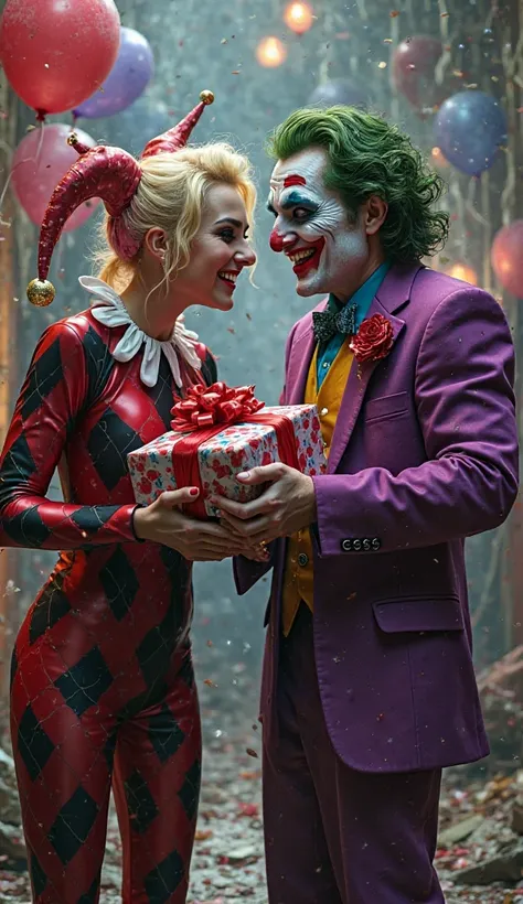 Create an image of the Harlequin delivering a gift to the Joker in a vibrant and disordered setting, like an abandoned circus or...