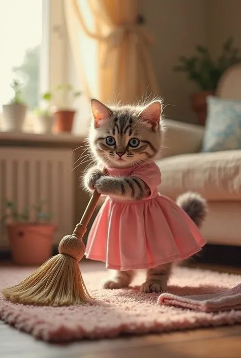“A cute, small cat cleaning the house while wearing a lovely pink dress. The cat is holding a tiny broom in its paws, sweeping t...
