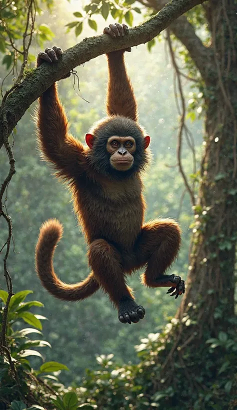 ultra realistic monkey hanging from a tree with a jungle behind as a background image