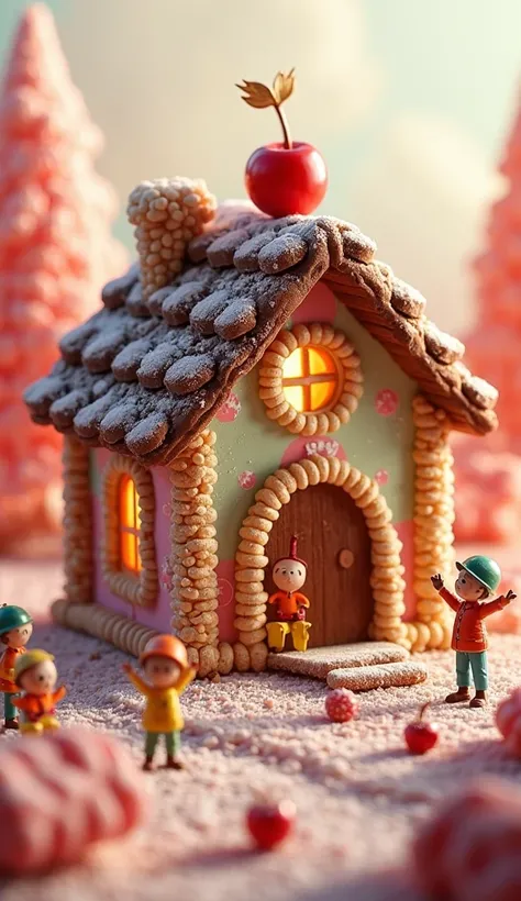 "A final view of the completed candy house with a 360-degree shot showing the colorful walls made of crispy cookies and the roof...