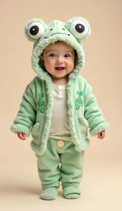 A happy baby standing full body, , dressed in an irresistibly cute frog-themed outfit. Wear a bodysuit underneath, soft green pa...