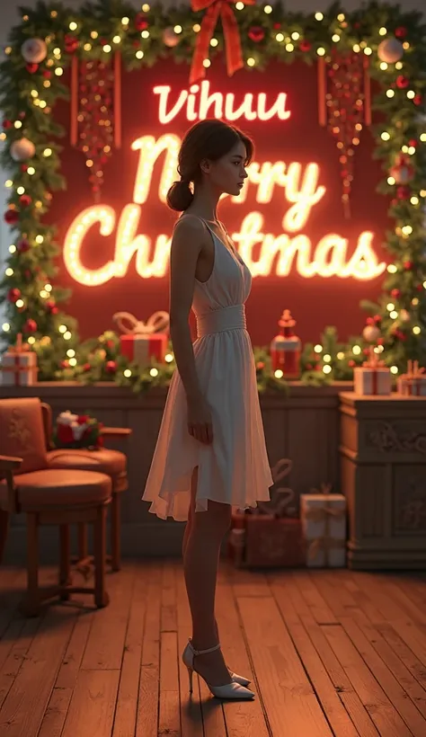 Christmas style, background bord display girl name Vihuu, and background display merry Christmas, realistic,4k,HD,girl stand flo...