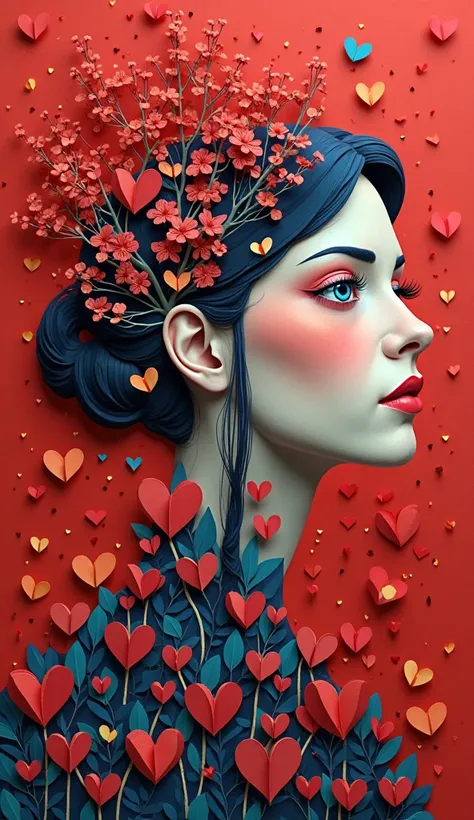 make a surrealistic abstraction of a multiple woman combined with hearts forest, paper_cut，(illustration: 1.3), paper art, 3D re...