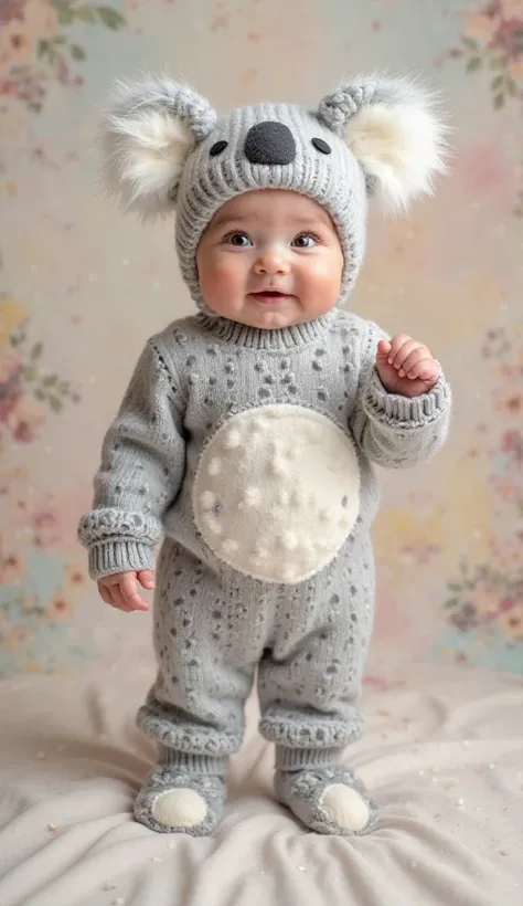 Professional studio photograph of an irresistibly cute baby, chubby,  with shiny eyes and pink cheeks , posing against a soft pa...