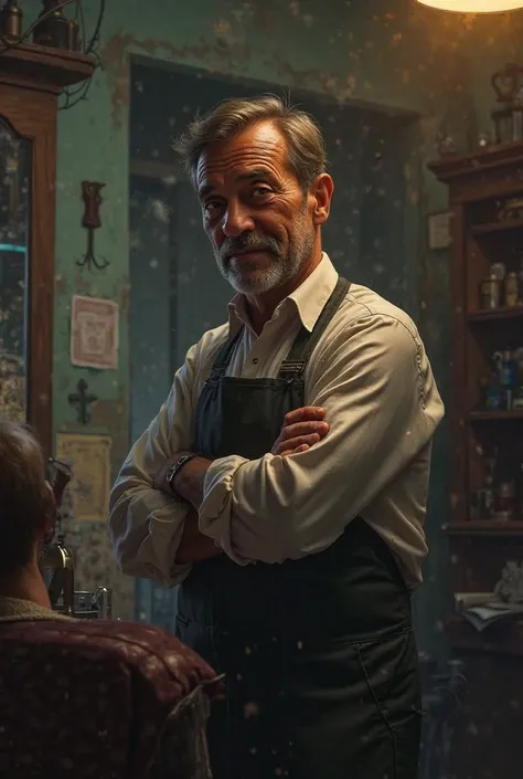 Barber sad not to have his beloved .  cut for brown hair, Latin Piel, brown eyes, smiles with wrinkles on his forehead about 4 a...