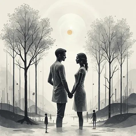 Create a concept of trees, for couples, minimalism ,  Modern , the meaning of sharing, Small figure, black and white embossed pr...
