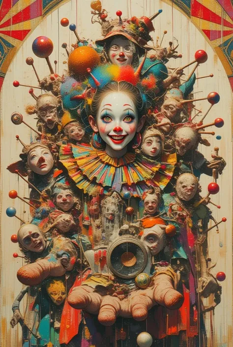 (masterpiece, best quality),(Multiple Exposure : 1.2),
collage depicting twelve simple characters,Clown statue,Tween,she is surr...