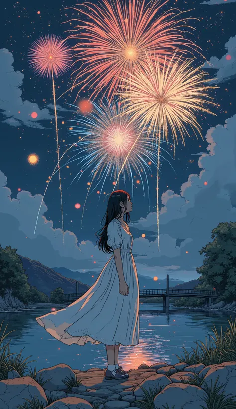 空に Fireworksがある堤防にに立つ白いドレスの女子高生, Paintings by Eizan Kikugawa, aesthetics, [ 空に Fireworks ]!!, 背景にある Fireworks, 背景にある Fireworks, ...