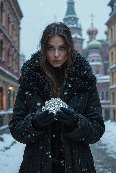  A fierce female robber in a fur coat, holding stolen diamonds, with snow-covered Russian buildings behind her. 