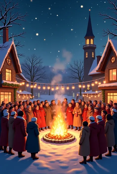 A grand village celebration on the coldest night of the year, where people gather around bonfires, singing songs as snowflakes f...