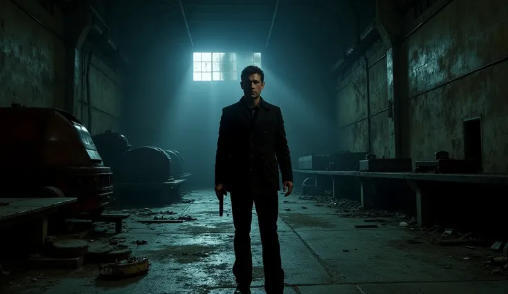  in an abandoned warehouse , night scene, ((Jensen Ackles)) With a gun in hand, pointed to the , Pay attention to the place. (( ...