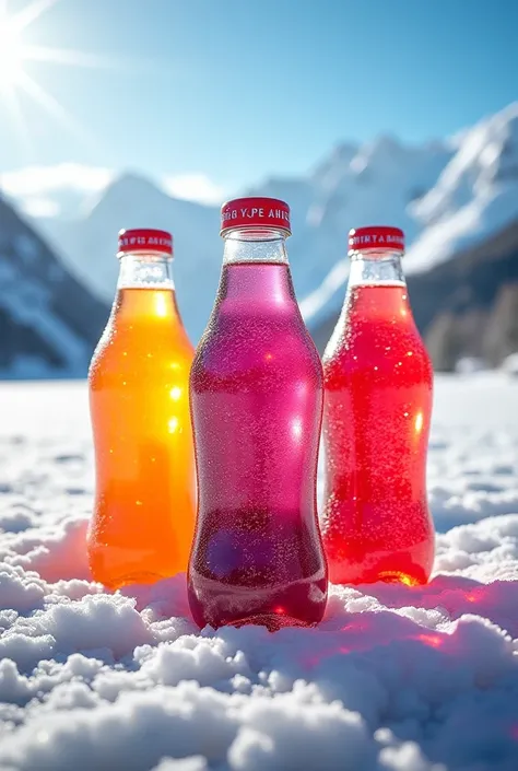 A super creative and beautiful image of three soft drinks in a bottle of orange grape and strawberry that looks fresh and real w...