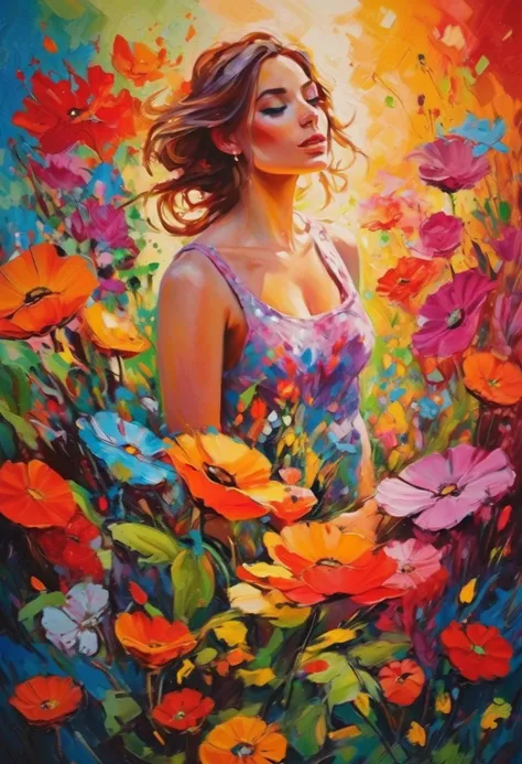 girl in flowers,  Colorful , oil painting,  crazy colors , Oil paint, High quality, high detail