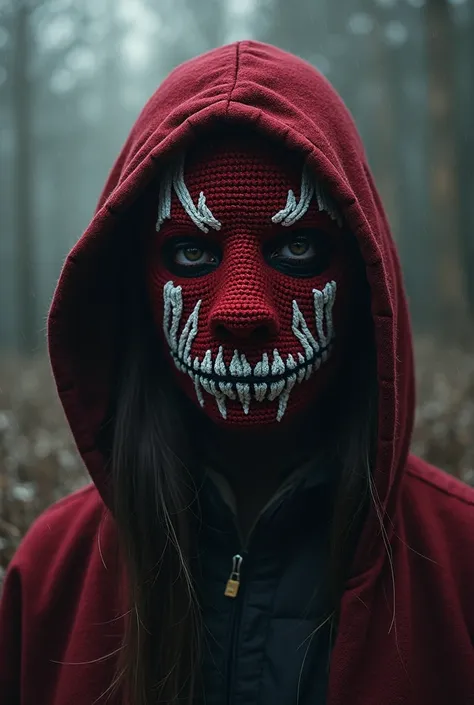 a person wearing a dark red crochet face mask with thunderstorms in white and crochet mouth design in black on the mask