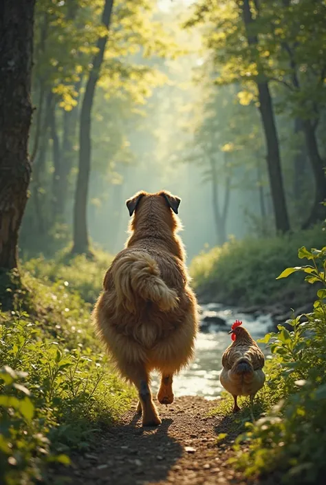 A dog is sitting on the back of a chicken, and they are both heading toward the deep forest. Surrounding them are dense green tr...