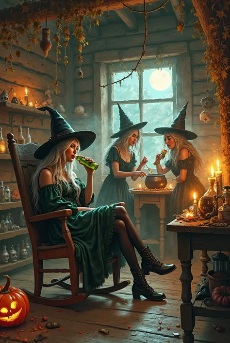 Create a whimsical yet darkly enchanting scene of a cozy, rustic witch’s cabin, illuminated by the warm glow of candlelight and ...