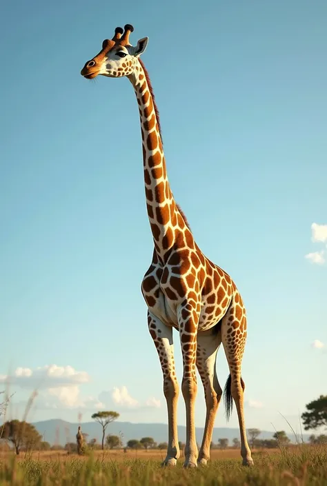A full body photo seen from below of a giraffe  