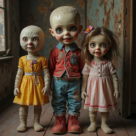 "A chilling image of life-size dolls made from mummies, dressed in colorful clothes and adorned with makeup. The dolls must be p...