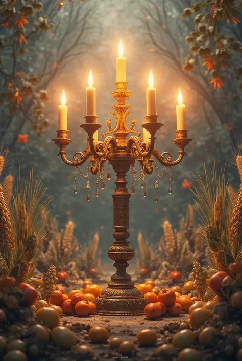 A video with the 7-armed chandelier, where the candles are lit from the 1st to the one in the center in the background there are...