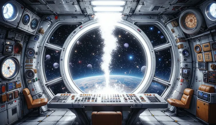 (((Anime Indoor Spaceship)) The spaceship's command bridge stretches forward in a sleek, metallic design, illuminated by control...