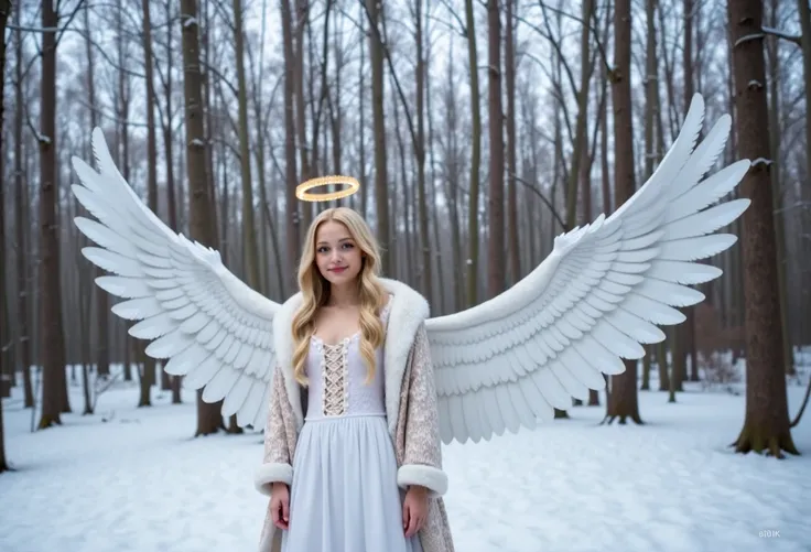 angel  girl, beautiful face, blonde hair, golden halo on her head, with giant spread white wings,lacy white long dress, short wh...