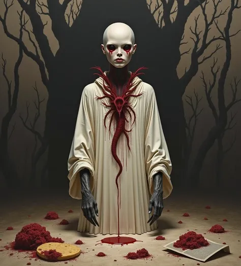 alright picture this a pale-skinned figure in a flowing white robe lips drawn small eyes like twin blood-red moons tears replace...