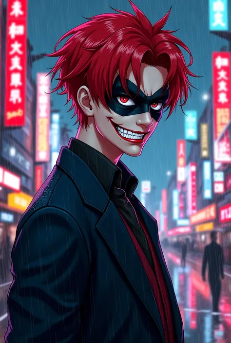 Anime style vibrant redheaded male character looking directly, With Joker's smile mask, to look menacing, in the rain, Vibrant c...