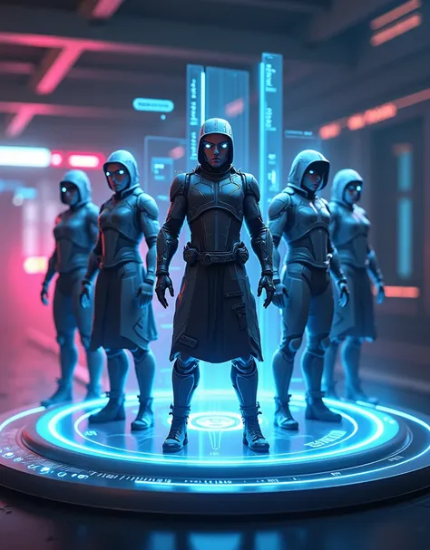 *"A futuristic character selection screen from a video game, featuring five unique characters in detailed 3D renders. Each chara...